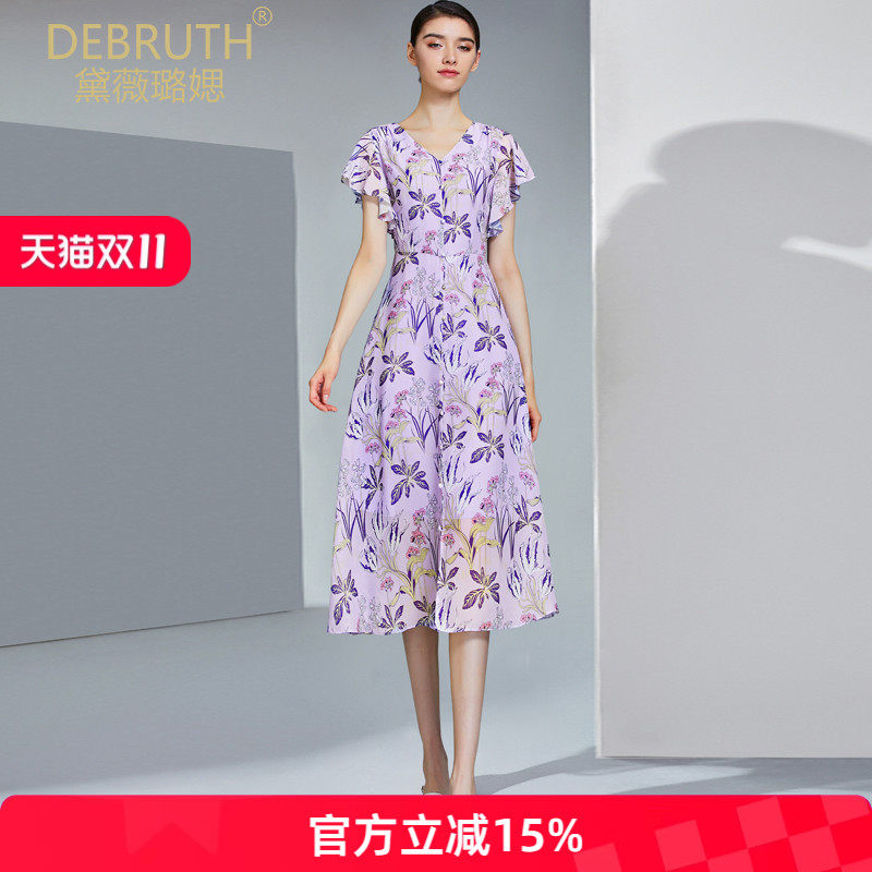 黛薇璐媤花瓣袖印花雪纺公主连衣裙女春夏新款法式气质收腰A裙紫