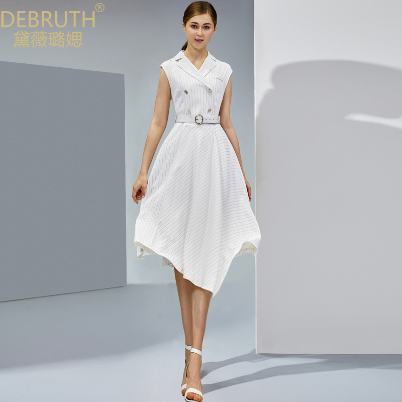 条纹西装领双排扣连衣裙黛薇璐媤