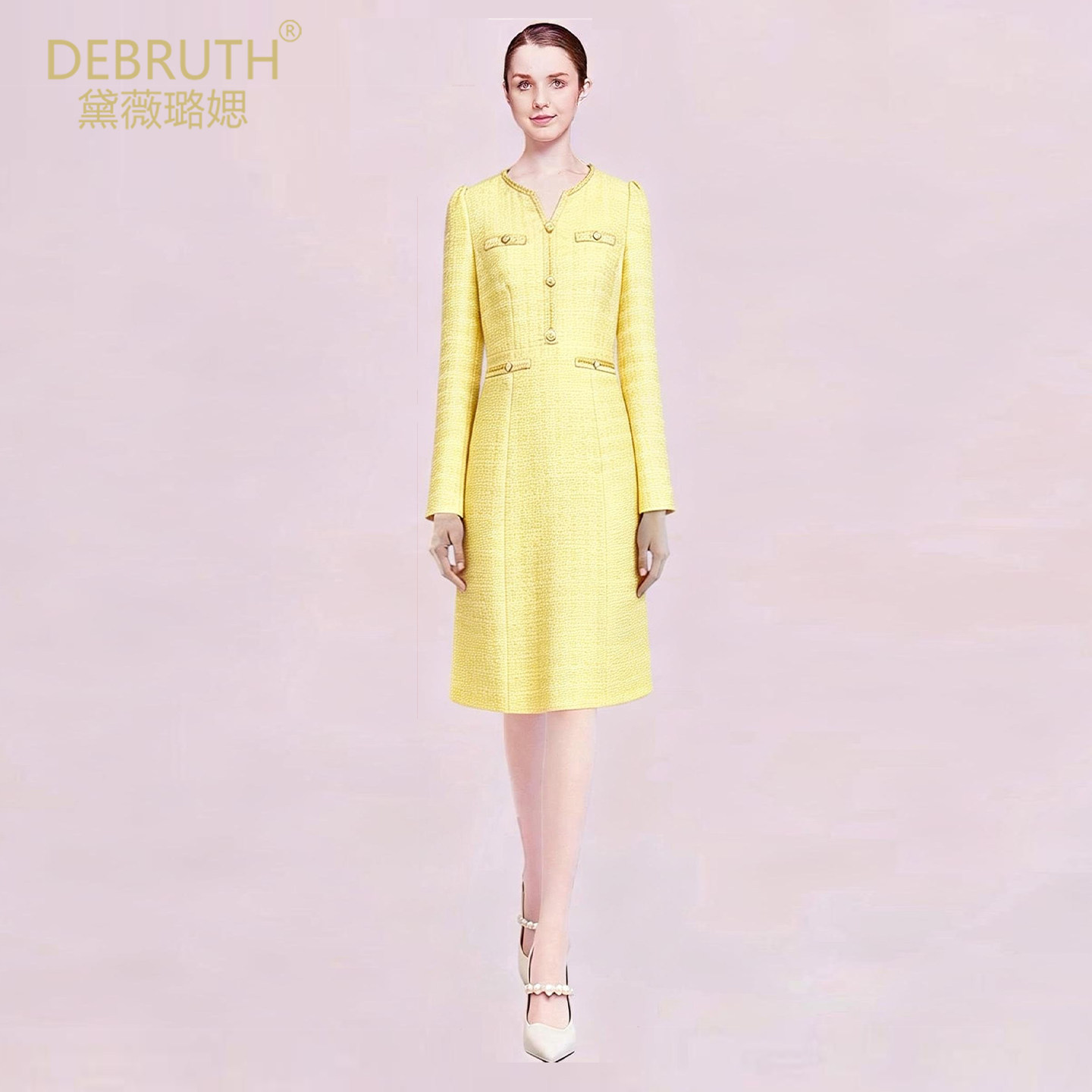 黛薇璐媤黄色V领粗花呢公主连衣裙女2026春装新款法式气质收腰A裙,女装/女士精品,连衣裙,淘宝优惠券,粉丝福利购,淘宝优惠卷