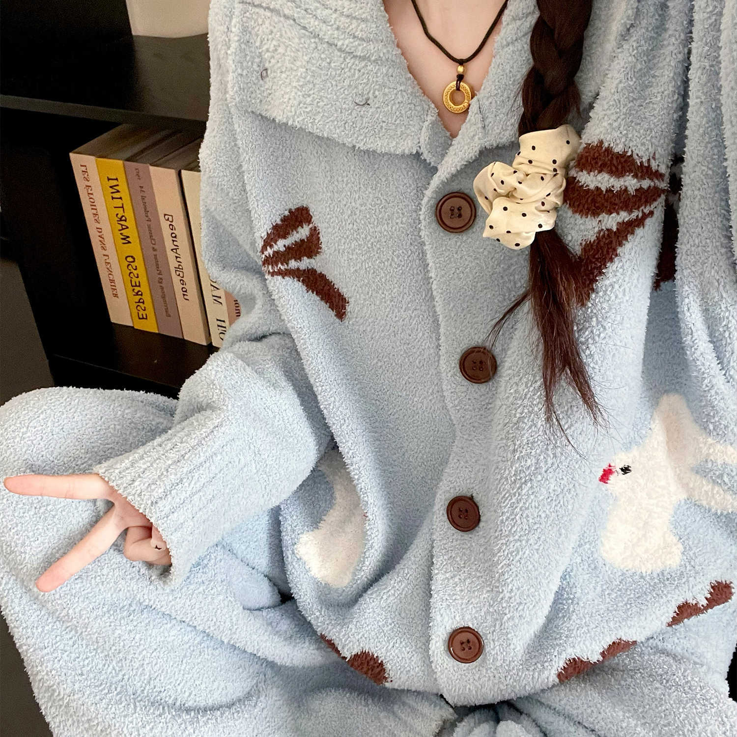 甜美慵懒风卡通白鸽半边绒睡衣女新款冬季大码针织家居服套装ins