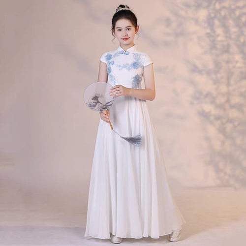 女童古筝比赛演出服2025夏季中国风朗诵二胡演奏S琵琶艺考白色礼