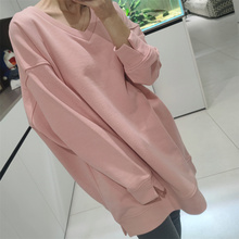 慵懒风别致灰色粉色V领长袖套头纯棉卫衣女2025春季宽松休闲上衣
