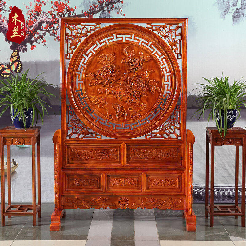 东阳实木落地插屏插屏中式屏风花开富贵福字座屏进门实木玄关隔断