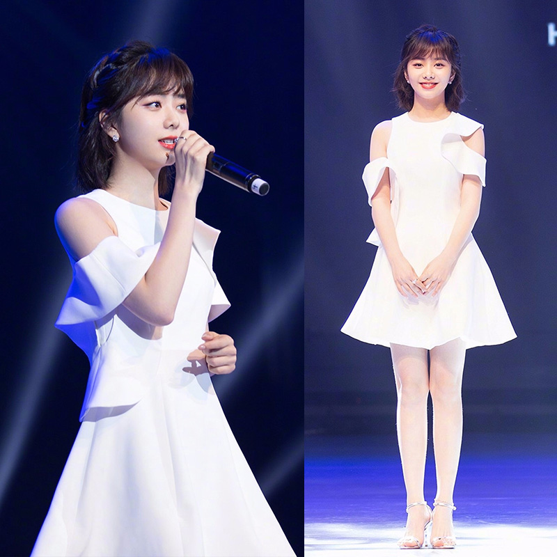 谭松韵明星同款女装2022夏超仙白色小礼服裙子露肩无袖雪纺连衣裙
