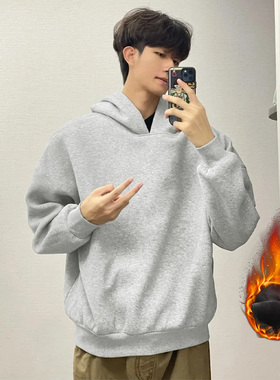 灰色重磅连帽卫衣情侣秋冬季加绒加厚套头基础款美式复古外套帽衫