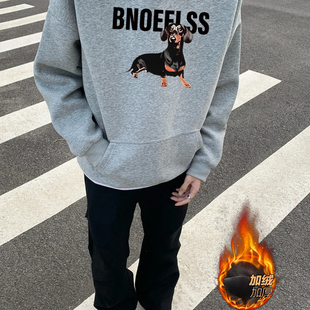 美式 宽松加绒设计感腊肠狗印花外套 潮牌连帽卫衣男女秋冬情侣款