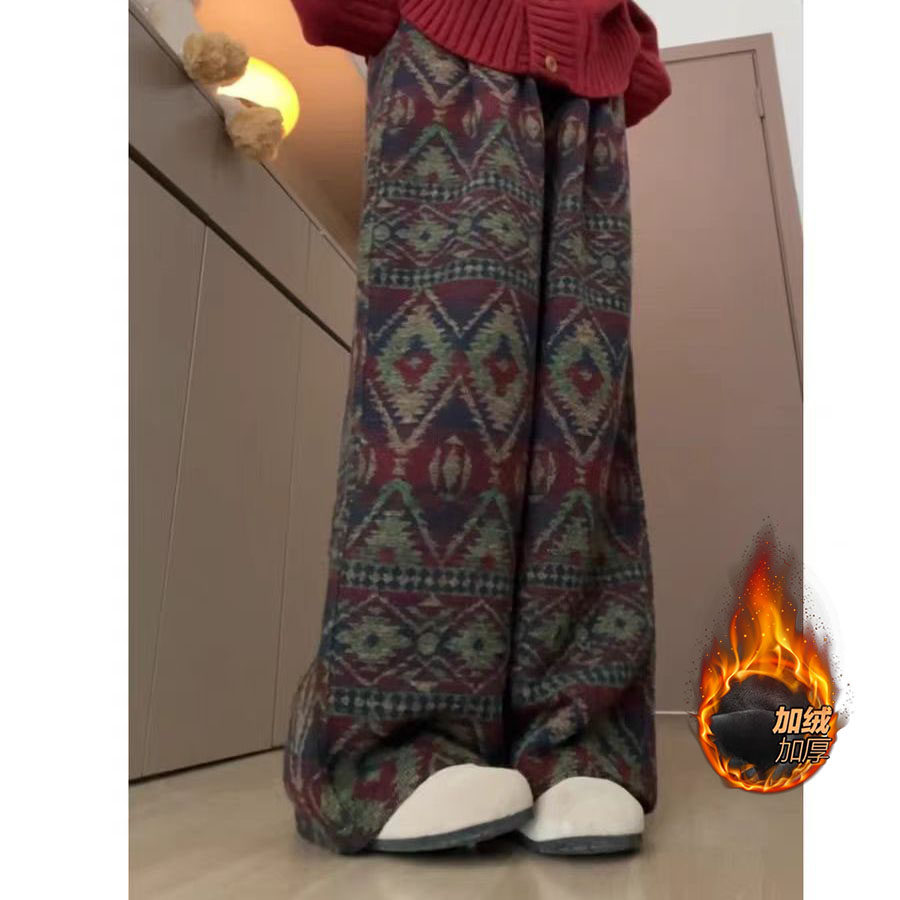 美式复古民族风阔腿裤男女秋冬新款加绒垂感慵懒休闲宽松直筒裤子