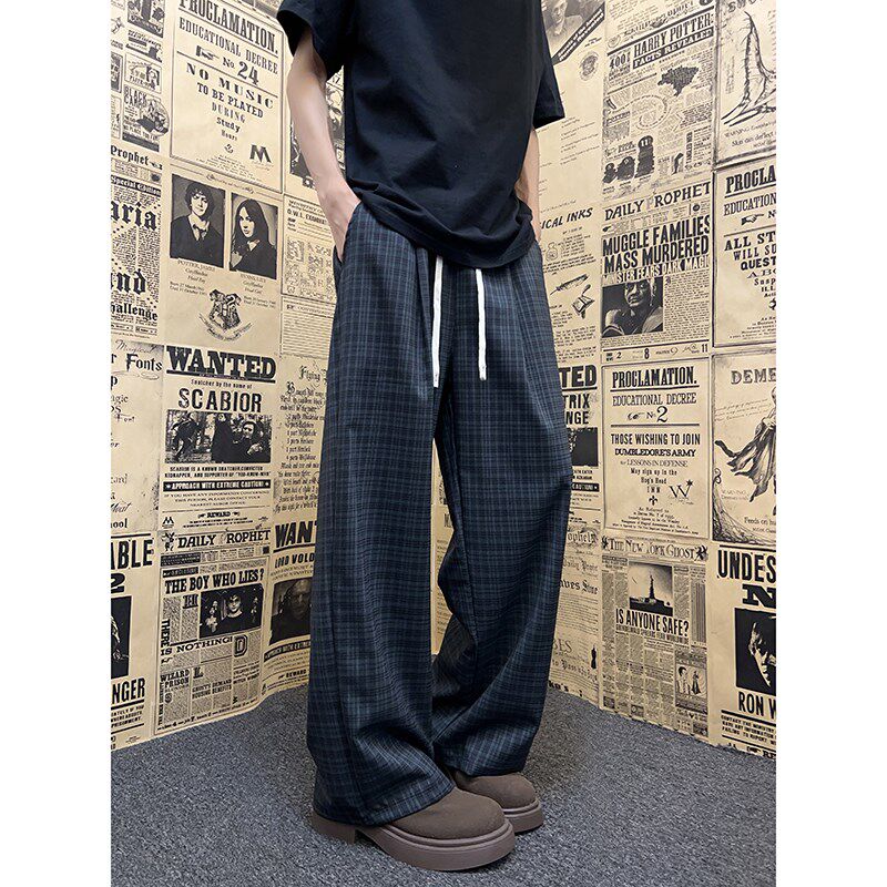 日系松紧腰休闲裤男春秋季潮流宽松格子直筒长裤美式少年潮运动裤