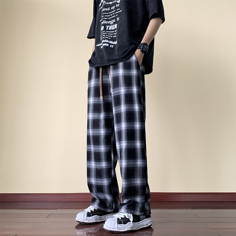 黑白格子裤子新款男士直筒裤宽松垂感阔腿裤韩版运动情侣小众长裤,男装,休闲裤,淘宝优惠券,粉丝福利购,淘宝优惠卷