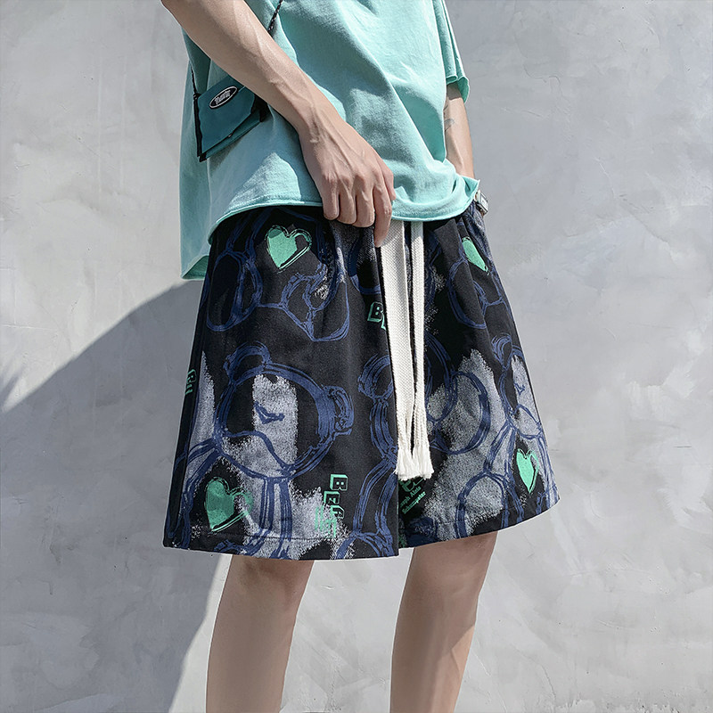 小熊短裤夏季薄款涂鸦休闲百搭沙滩裤男女同款青少年大码五分裤子