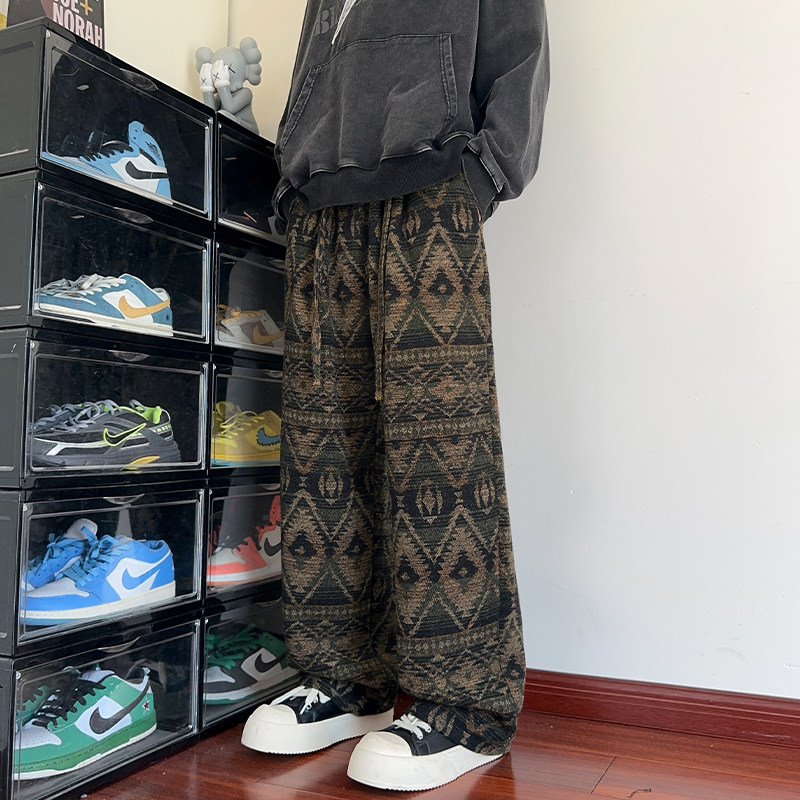 美式复古高级感印花宽松大码直筒民族风休闲裤男生运动裤子平脚裤
