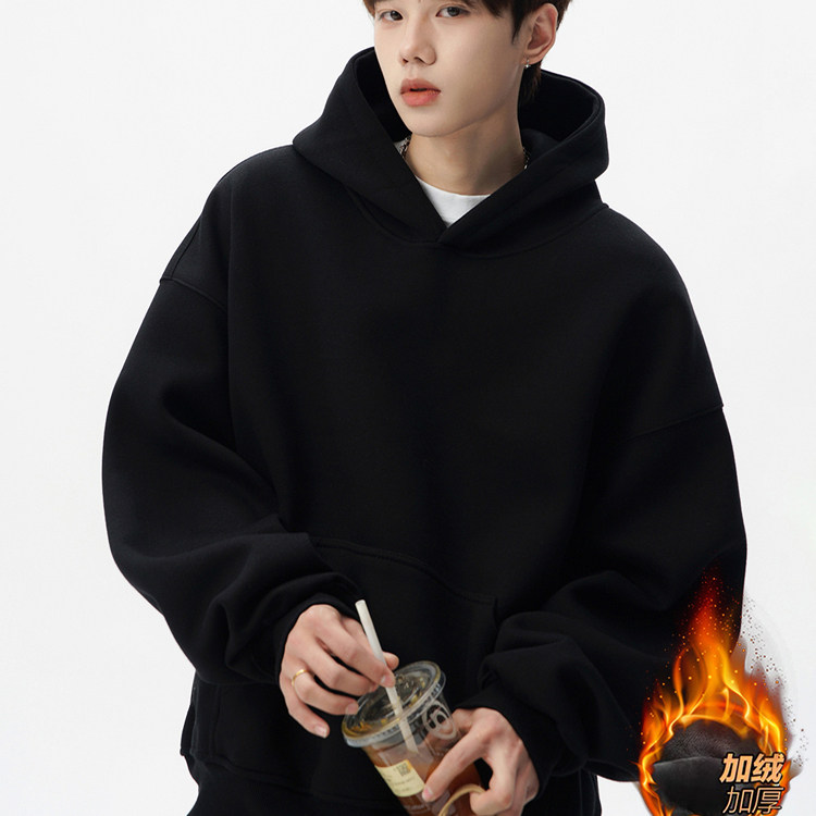 秋冬季情侣款加绒加厚帽衫外套美式复古cleanfit重磅连帽卫衣男女