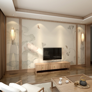水墨荷花无缝大型壁画电视沙发背景墙壁纸墙布客厅墙纸 现代新中式