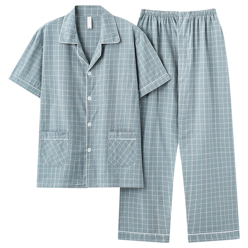 带小便口梭织100纯棉布睡衣男短袖长裤全棉夏季薄款家居服套装4XL