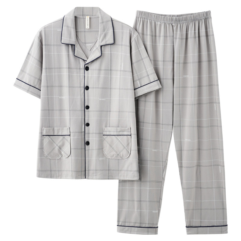 正品100%纯棉睡衣男士夏季短袖全棉翻领加大码全棉家居服套装4XL