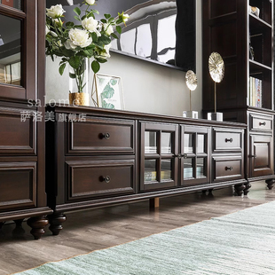 复古轻奢原木客厅家具 中古风法式 美式 纯全实木电视柜茶几组合欧式