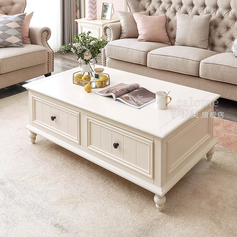 美式全实木茶几电视柜组合白色轻奢现代简约小户型客厅家用奶油风