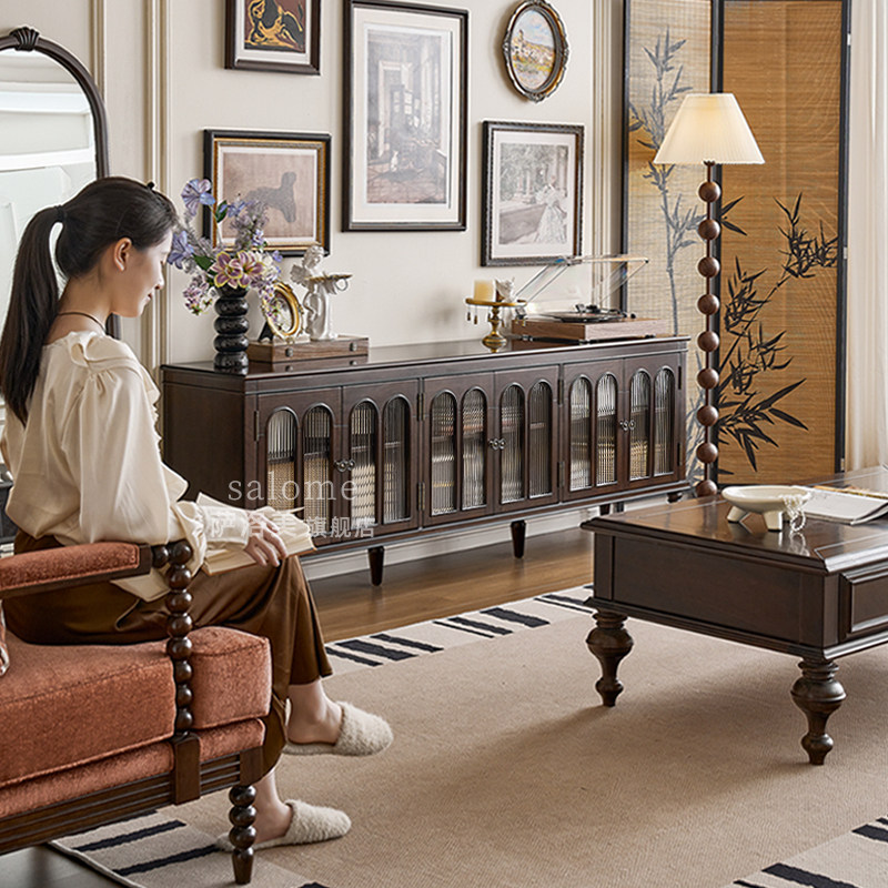 法式实木电视柜落地客厅家用中古风收纳储物柜一体美式轻奢高级感