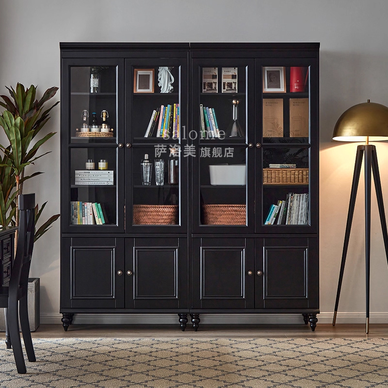 美式实木黑色简约组合书柜