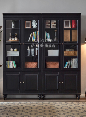 美式全实木书柜书架橱小户型组合黑色简约现代书房家用储物展示柜