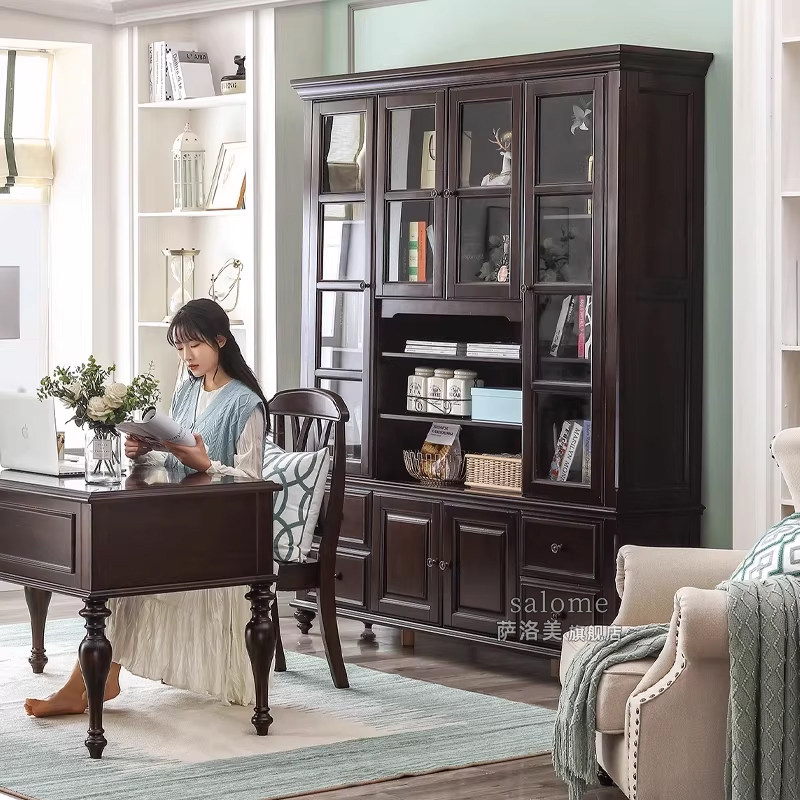 美式乡村全实木书柜家用书房玻璃门置物展示书橱轻奢复古欧式书架