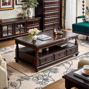 美式实木茶几电视柜组合黑胡桃色欧式复古轻奢客厅家用家具茶水桌