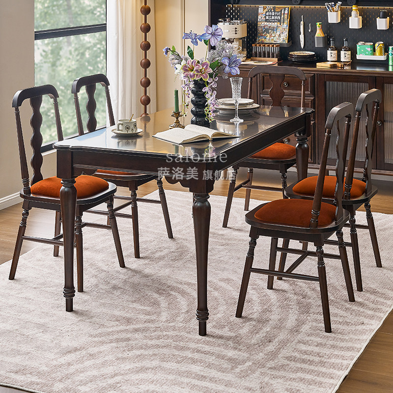 法式复古全实木餐桌家用小户型中古风美式纯实木吃饭桌子椅子凳子