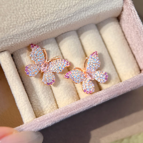 CIX粉蝶一梦/粉色渐变蝴蝶耳环耳钉蚊香盘耳夹女无耳洞轻奢耳饰