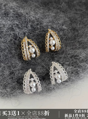 CIX三角主义/法式蕾丝银色珍珠耳环女蚊香盘耳夹高级感无耳洞宫廷