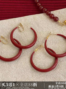 CIX安可拉/复古圈圈红色耳饰蚊香盘耳夹女无耳洞显白耳钉大圈耳环