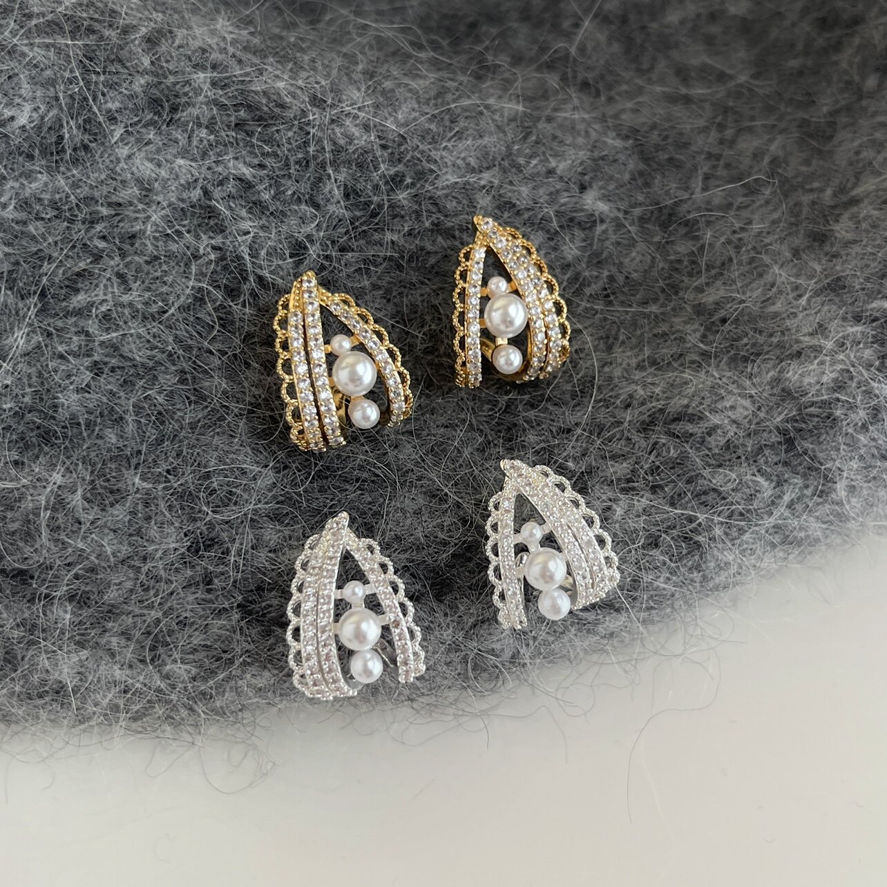 CIX三角主义/法式蕾丝银色珍珠耳环女蚊香盘耳夹无耳洞宫廷高级感