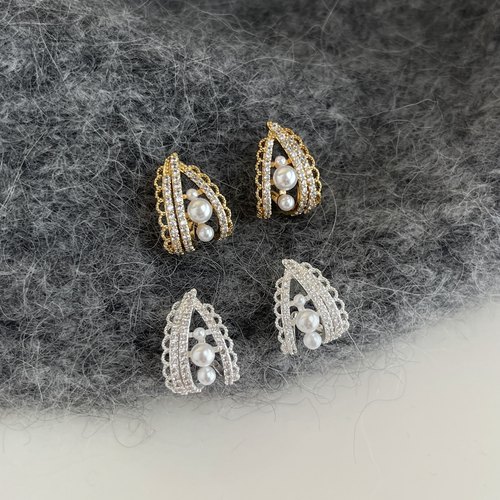 CIX三角主义/法式蕾丝银色珍珠耳环女蚊香盘耳夹高级感无耳洞宫廷