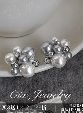 CIX珍珠结/珍珠花朵耳钉法式蚊香盘耳夹无耳洞烟花款耳环耳饰女款