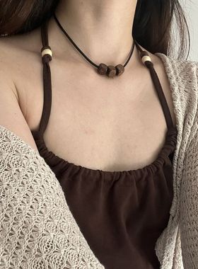 波西米亚复古风黑色编织绳木珠串珠项链女颈带设计百搭choker项圈