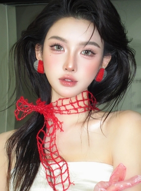 红色编织格子披肩带肩带颈带港风