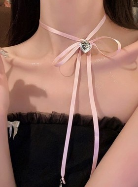 粉色黑色蝴蝶结脖子丝带爱心项链