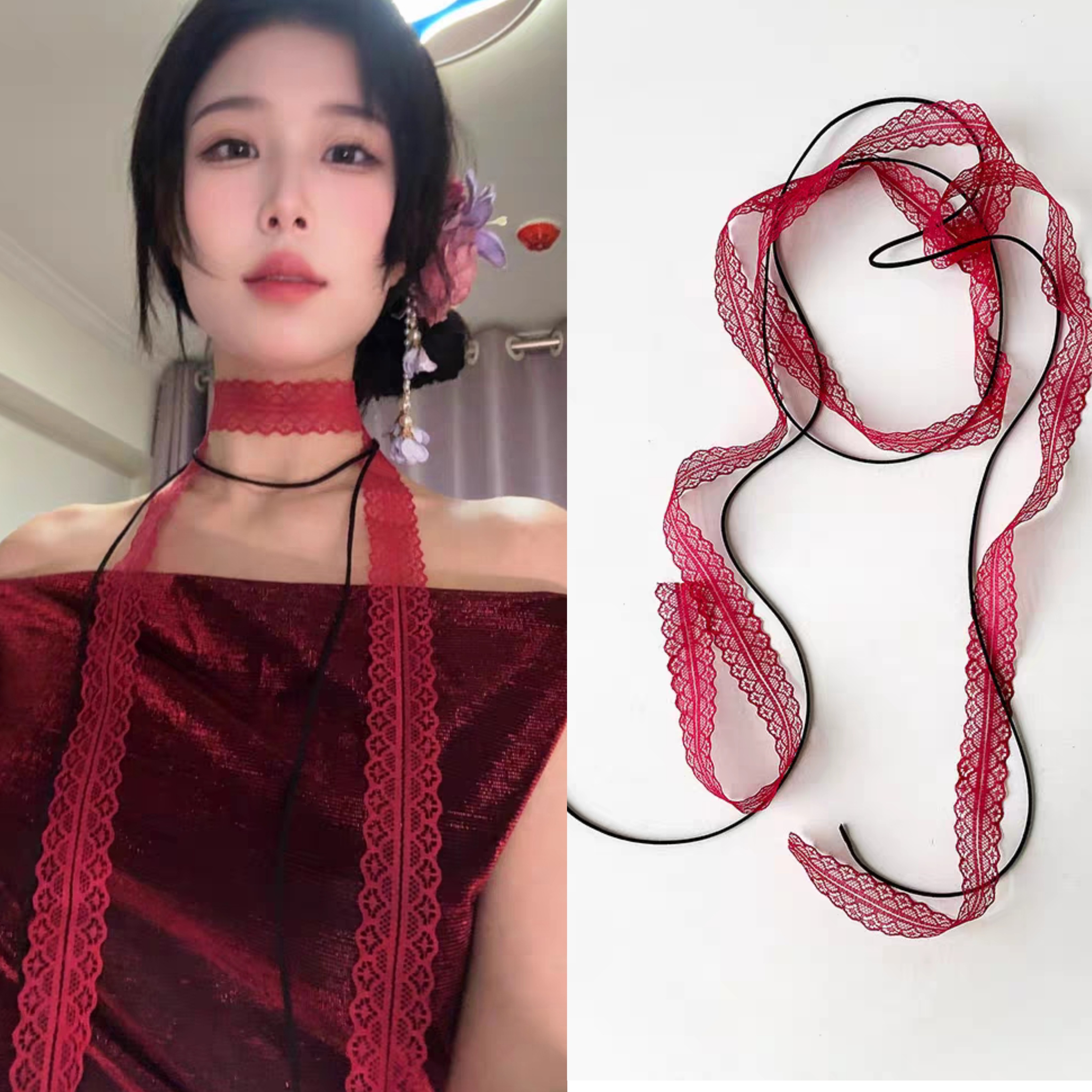 复古纯欲红色蕾丝细长条丝巾颈饰图片