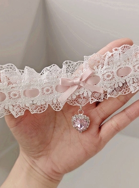 纯欲粉色蝴蝶结蕾丝爱心水钻项链