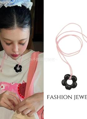 韩系甜美高级粉绳黑色五瓣花朵锁