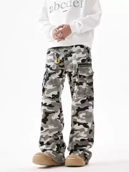 Btsg American Retro Cargo Multi-Pocket Polka Dot Camouflage Work Pants Vibe Street Hip-Hop Flared Casual Pants