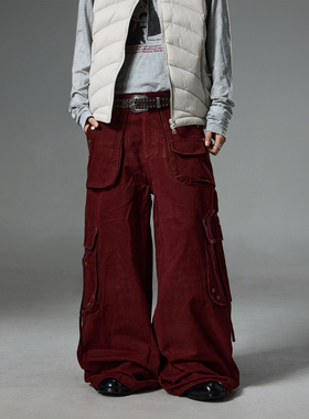 BTSG重工水洗做旧金属立体多口袋阔腿工装裤baggy美式街头拖地裤