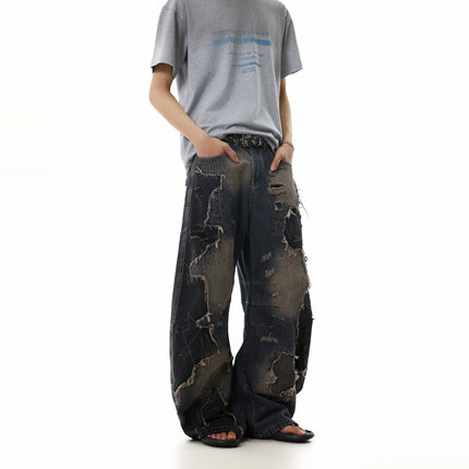 BTSG重磅小众侵蚀拼接撞色补丁大破坏弯刀裤美式复古阔腿牛仔裤男