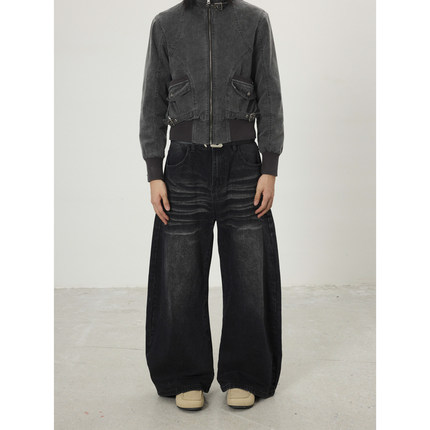 BTSG自然水洗做旧猫须弯刀牛仔裤Cleanfit百搭宽松阔腿香蕉型裤子