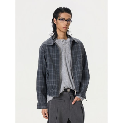 BTSG/可翻领 立领灰蓝色织格子复古外套老钱休闲短款设计感夹克男