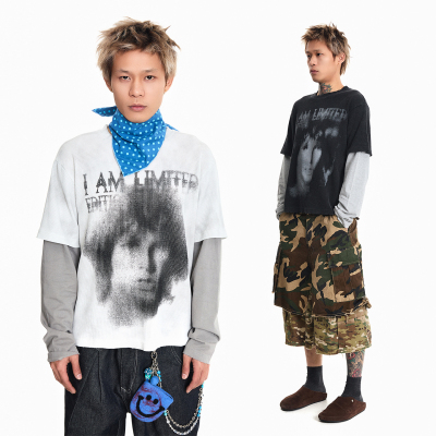 美式华夫格摇滚人像印花长袖T恤