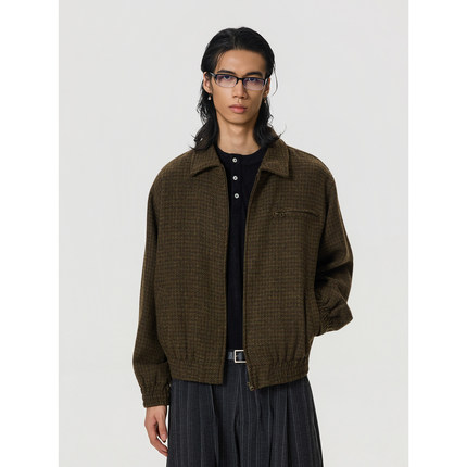 BTSG/短宽版型老钱复古编织千鸟格外套男哈灵顿格纹全棉翻领夹克