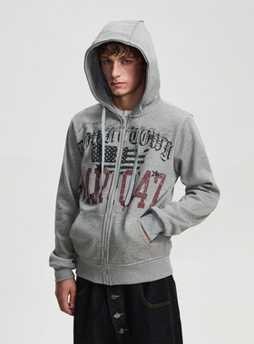 BTSG美式复古印花加绒廓形连帽卫衣vintage街头休闲百搭开衫外套