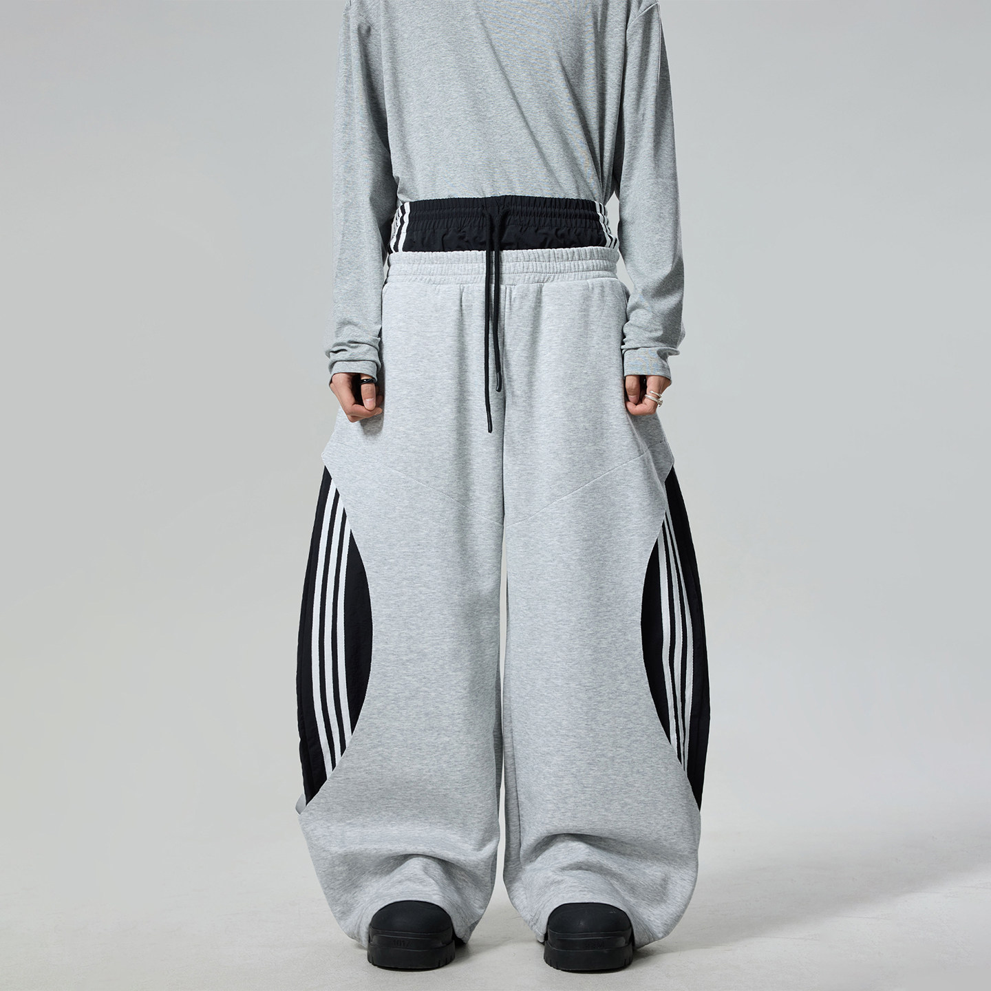 BTSG双腰头拼接假两件撞色条纹阔腿卫裤baggy街头宽松拖地弯刀裤,男装,卫裤,淘宝优惠券,粉丝福利购,淘宝优惠卷