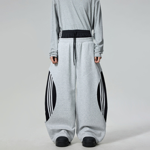 BTSG双腰头拼接假两件撞色条纹阔腿卫裤 baggy街头宽松拖地弯刀裤