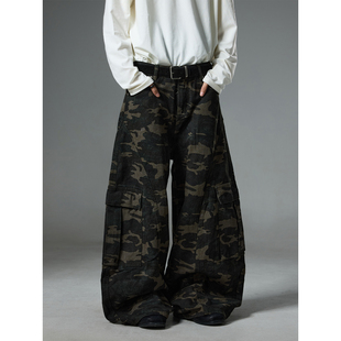 男baggy街头水洗做旧阔腿弯刀裤 裤 复古立体解构迷彩工装 BTSG美式